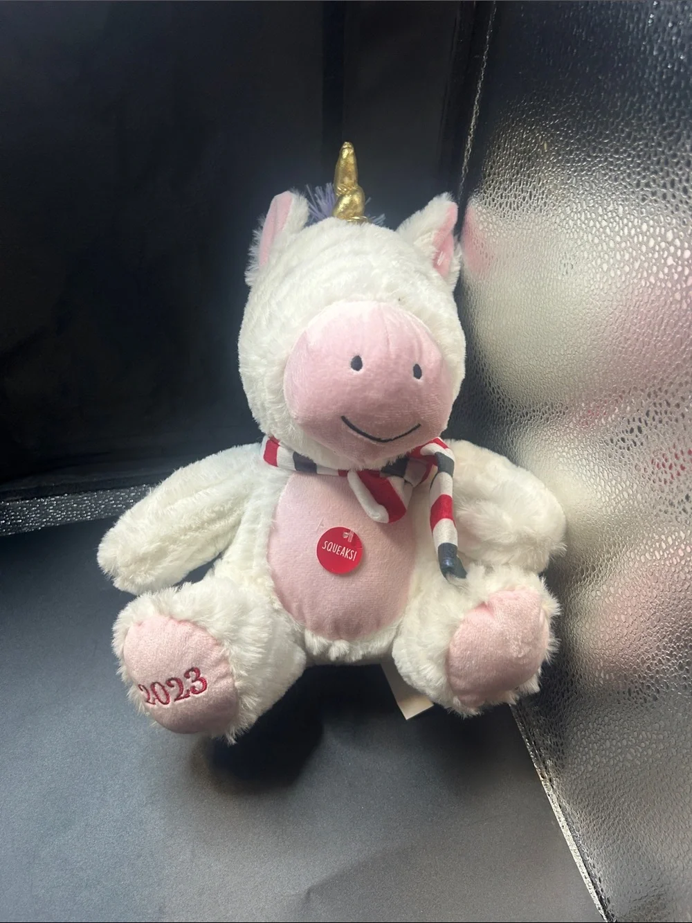 Plush White Unicorn Stuffed Animal with Pink Snout and Gold Horn